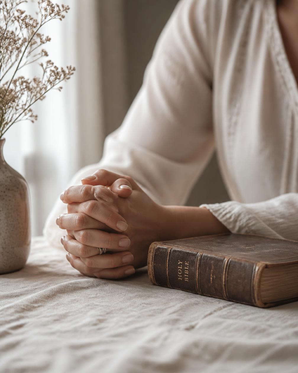 Hands folded quietly on a linen table beside a worn leather Bible