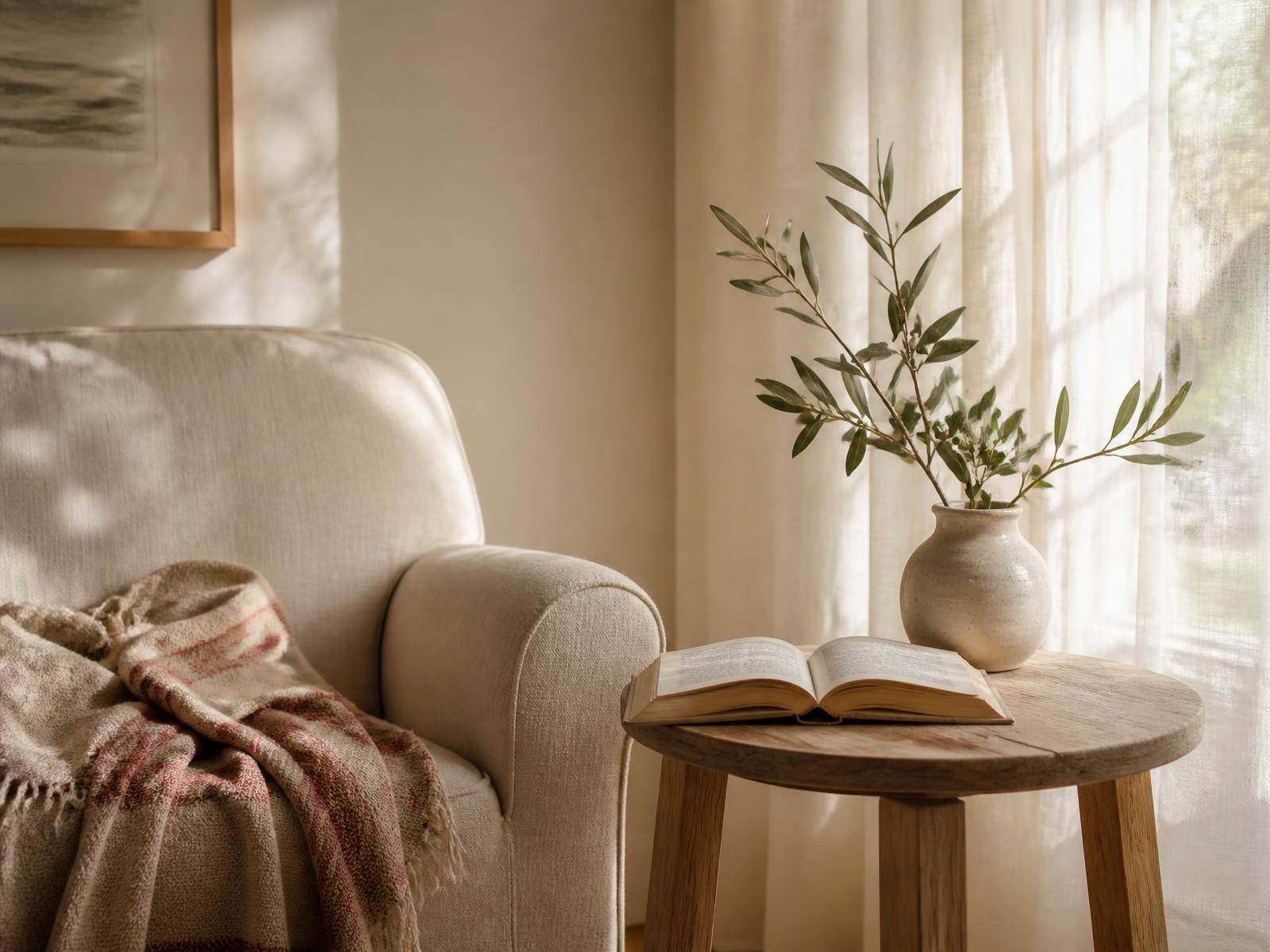A sunlit chair beside a window with an open book on a small wooden table